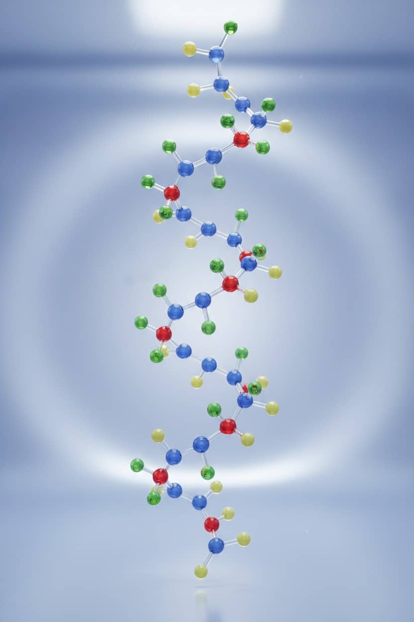 A vertical 3D molecular model with blue, red, green, and yellow spheres is suspended against a light blue gradient background.